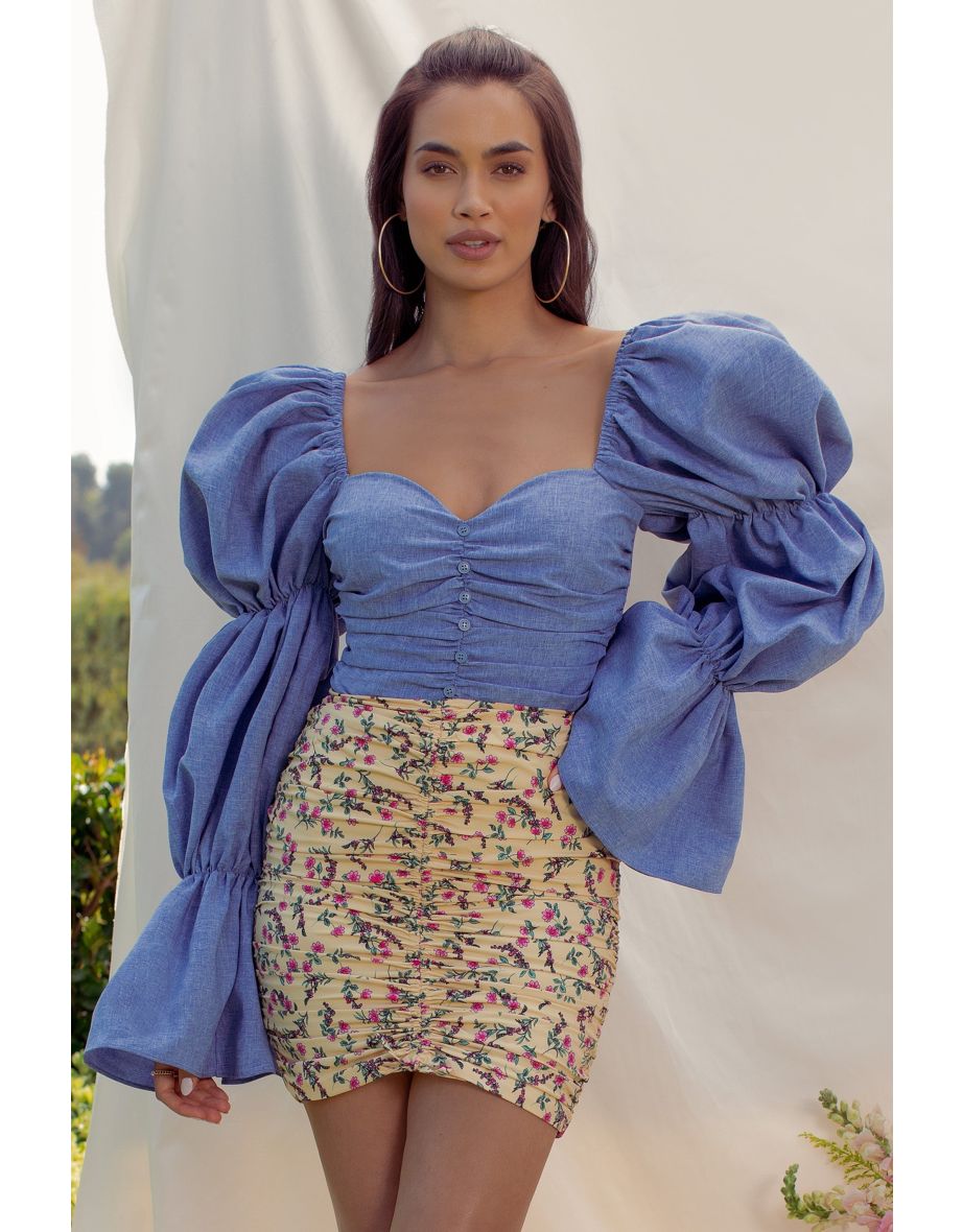 Maximum Impact | Blue Exaggerated Puff Long Sleeve Ruched Bodysuit