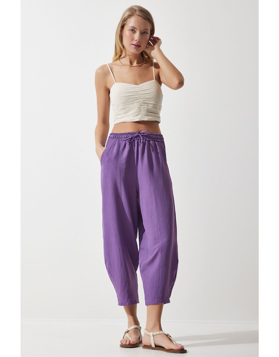 Women's Dark Purple Pocket Linen Viscose Baggy Trousers
