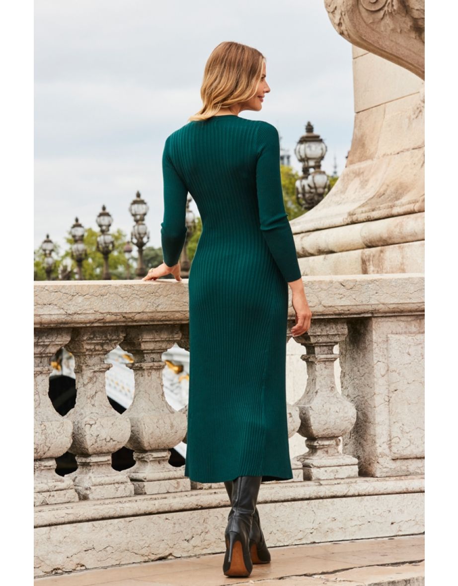 Emerald Green Rib Knit Midi Dress - 4