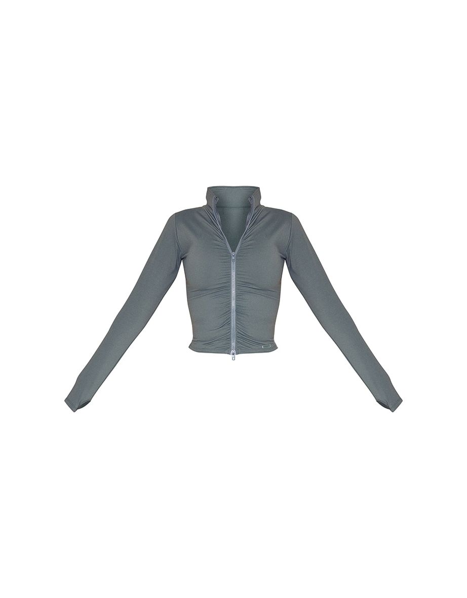 Khaki Brushed Sculpt Ruched Front Zip Up Sport Jacket - 4