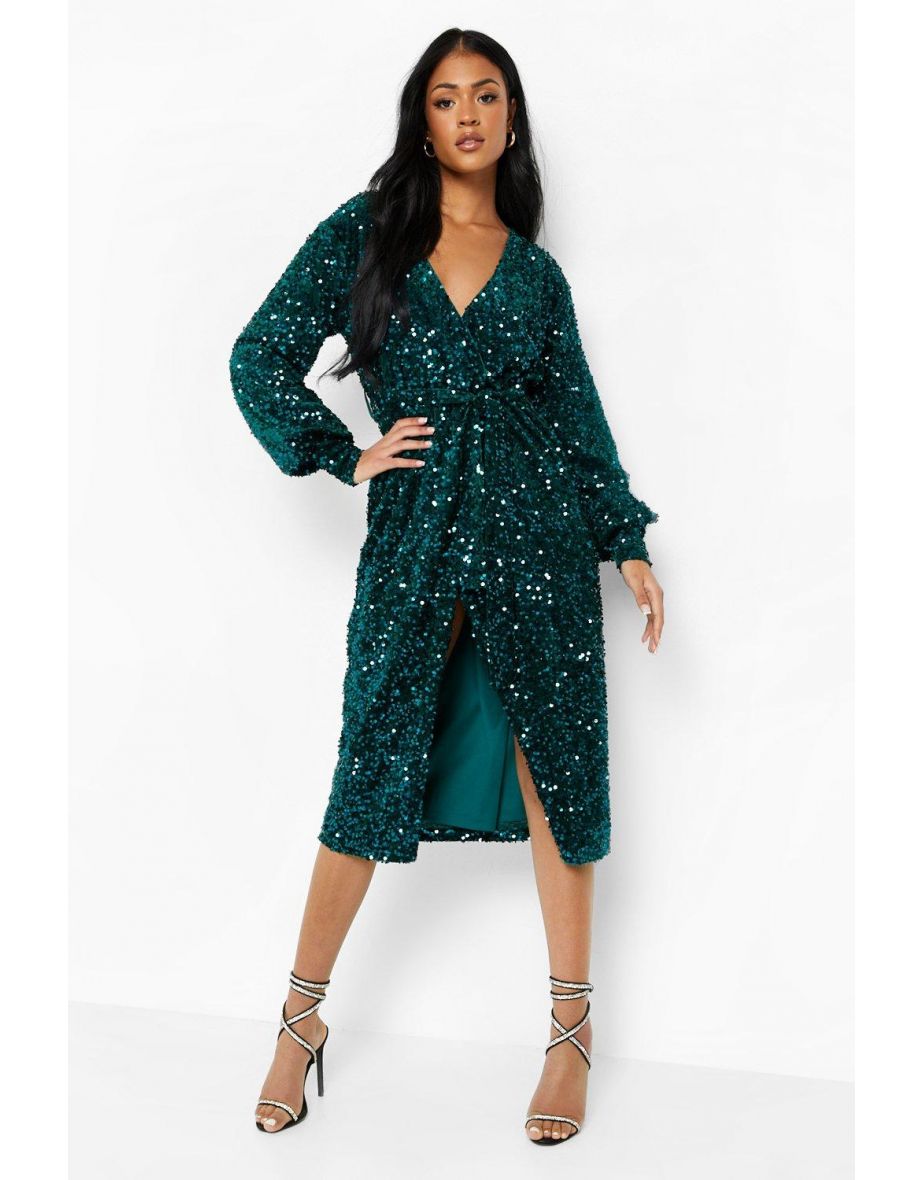 Tall Sequin Velvet Belted Midi Dress - emerald