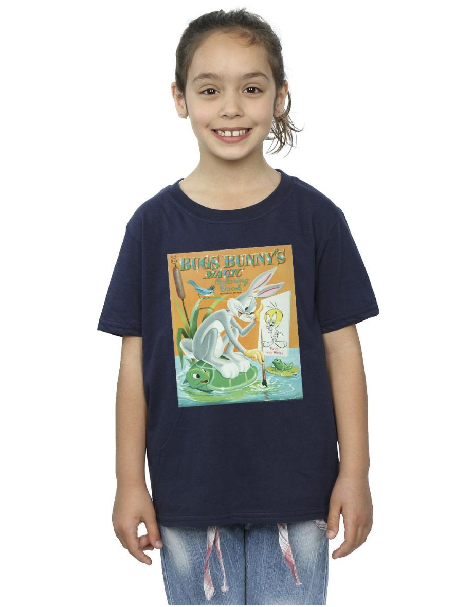 Looney Tunes Girls Bugs Bunny Colouring Book Cotton T-Shirt - Navy Blue
