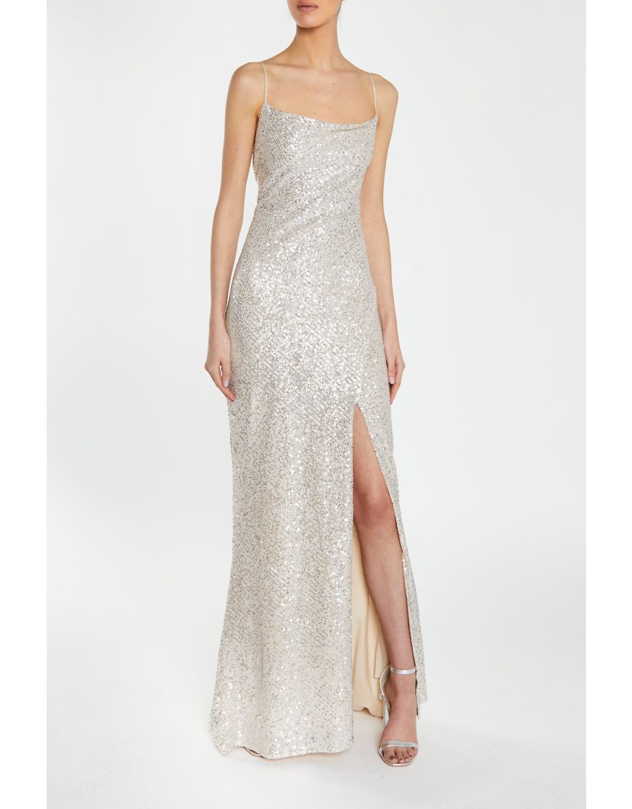 Pippa Champagne Sequin Bridesmaid Cowl-Neck Slip Dress - 4