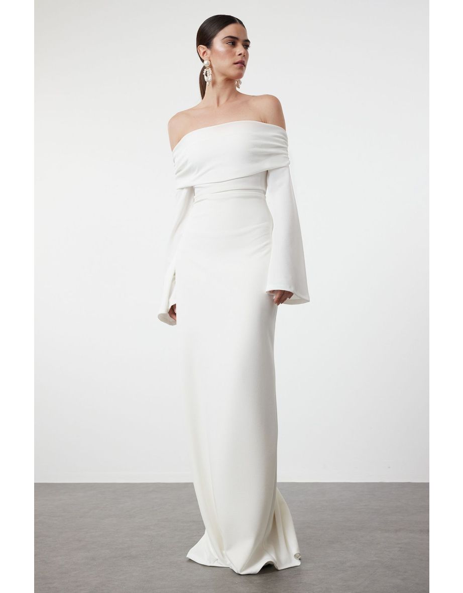 White Knitted Carmen Collar Long Evening Evening Dress