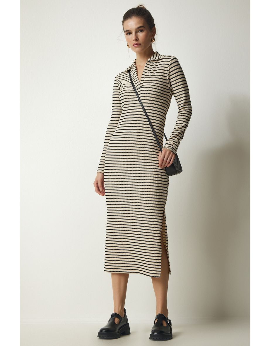 Women's Beige Polo Neck Striped Camisole Dress
