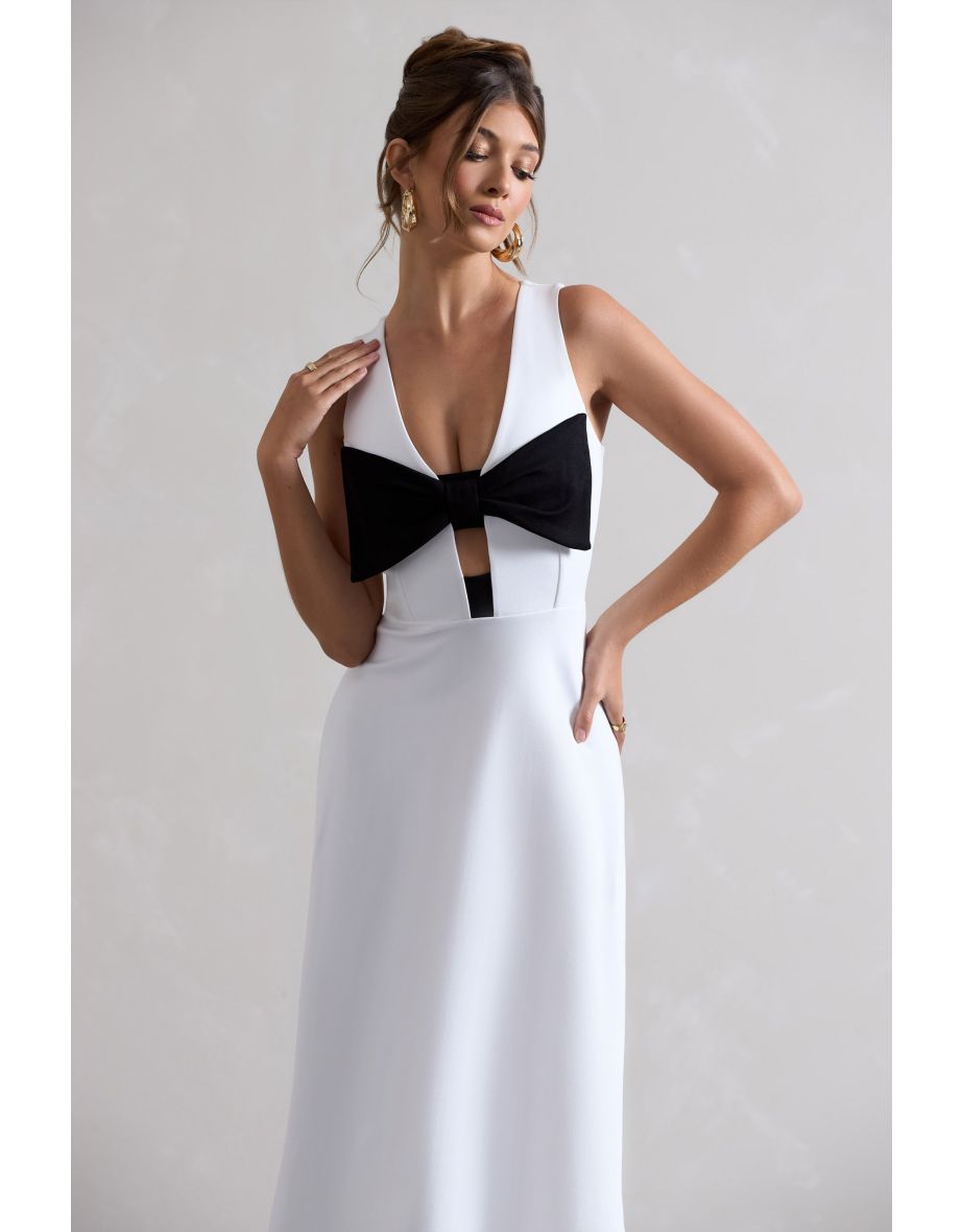 Primrose | White Plunge-Neck Dress With Black Bow - 2