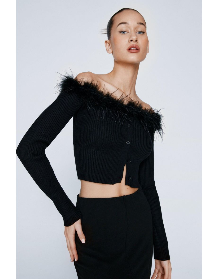 Feather Trim Button Front Knitted Bardot Top