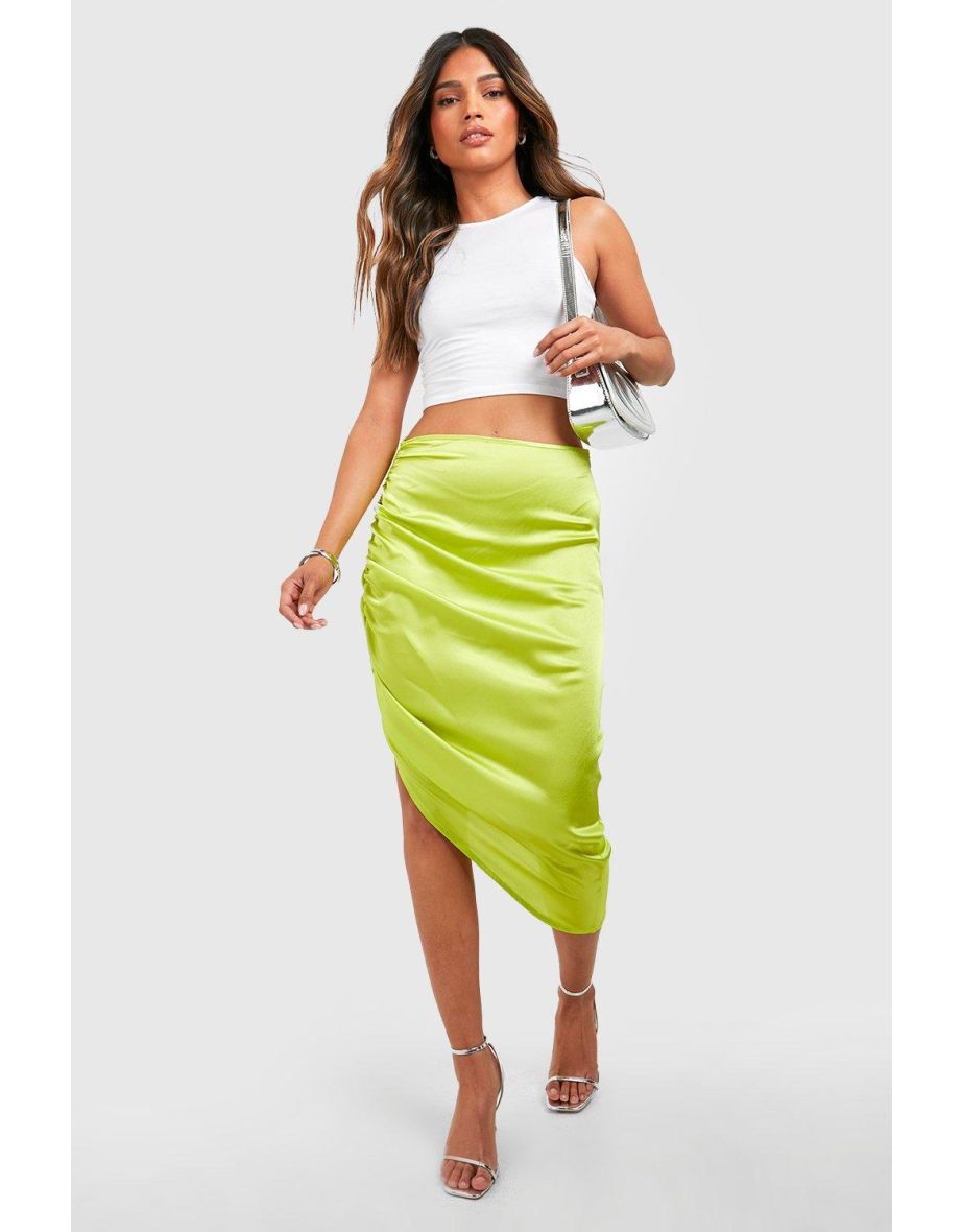 Ruched Side Asymmetric Satin Midi Skirt - chartreuse