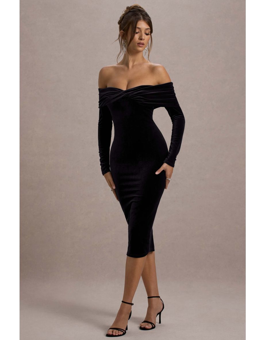 Compliment | Black Velvet Bardot Midi Dress