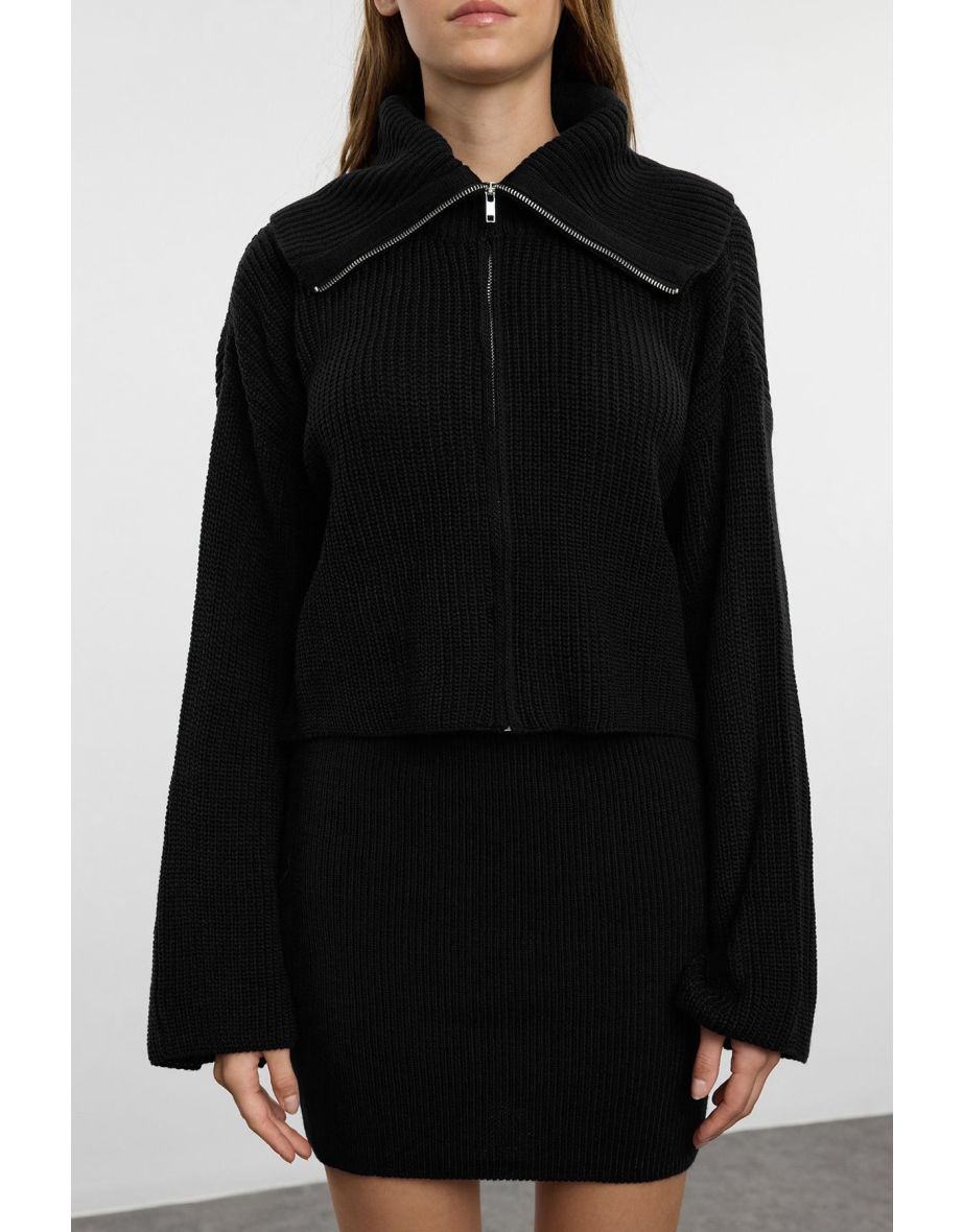 Black Turn-down Collar Knitwear Top-Bottom Set - 9