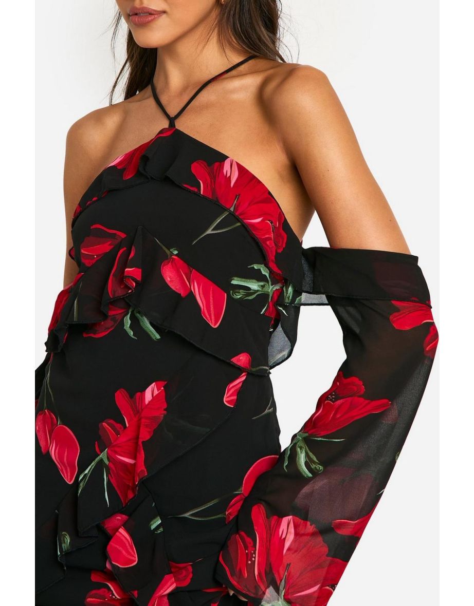 Printed Floral Chiffon Ruffle Maxi Dress - black - 3