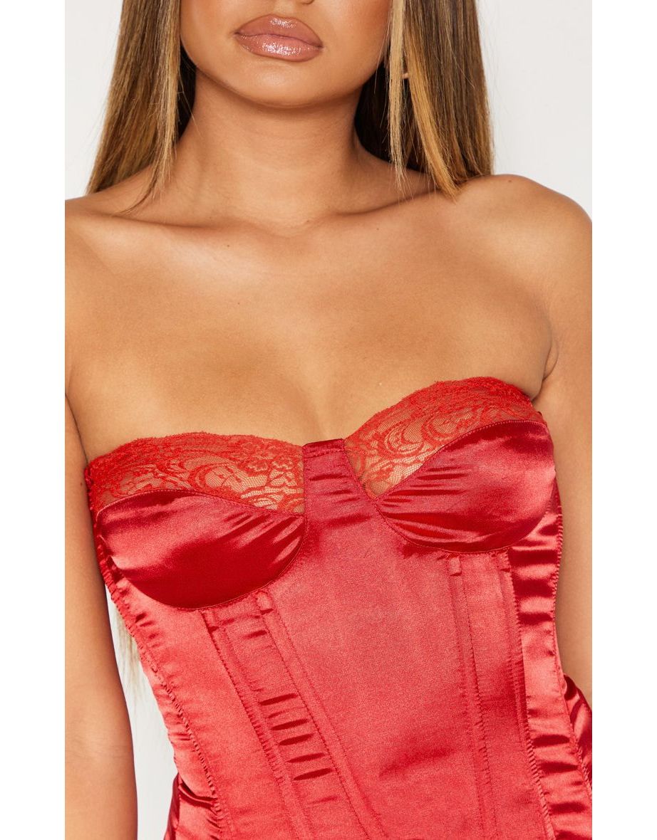 Red Lace Trim Satin Corset - 4