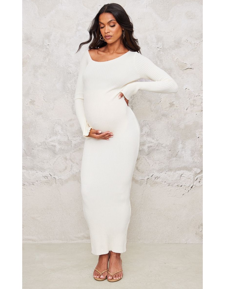 Maternity Cream Asymmetric Long Sleeve Rib Knit Maxi Dress
