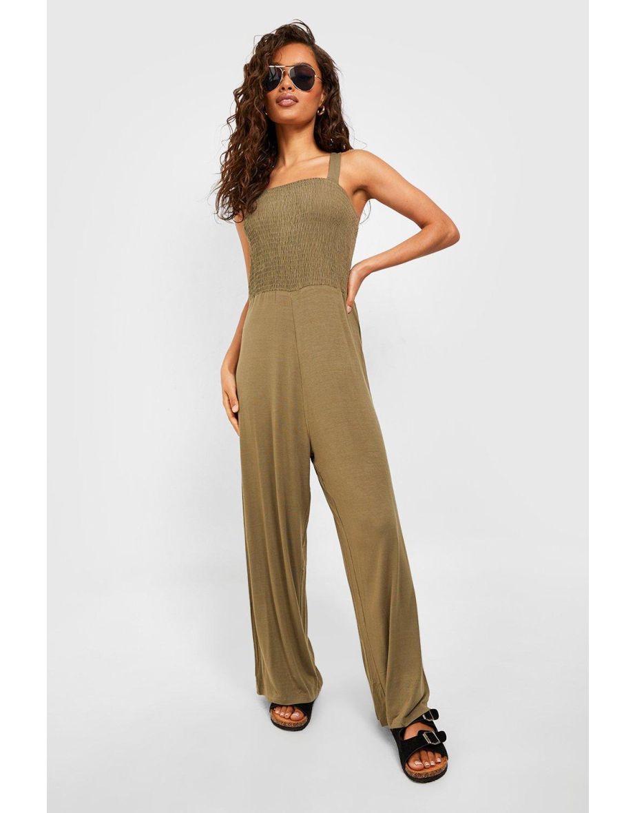 Strappy Shirred Top Jumpsuit - khaki