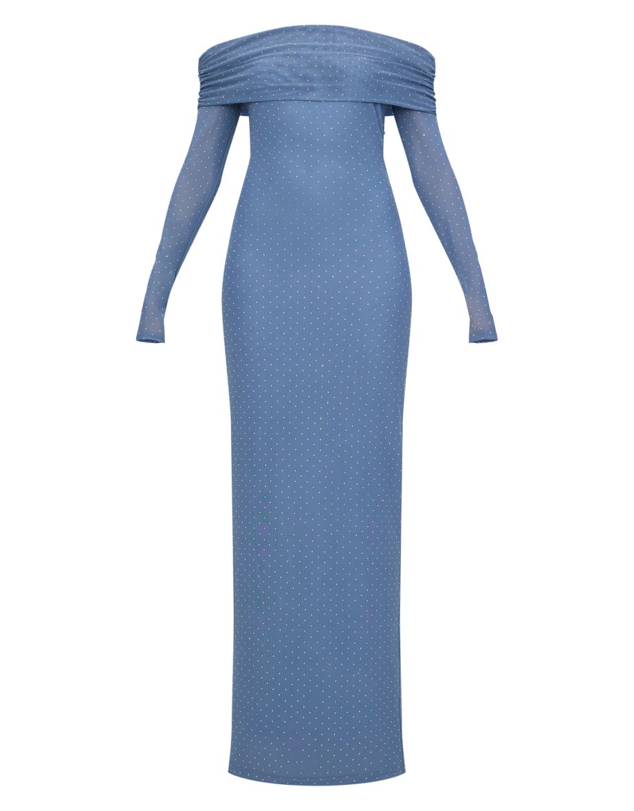 Steel Blue Diamante Bardot Long Sleeve Flare Sleeve Maxi Dress - 4