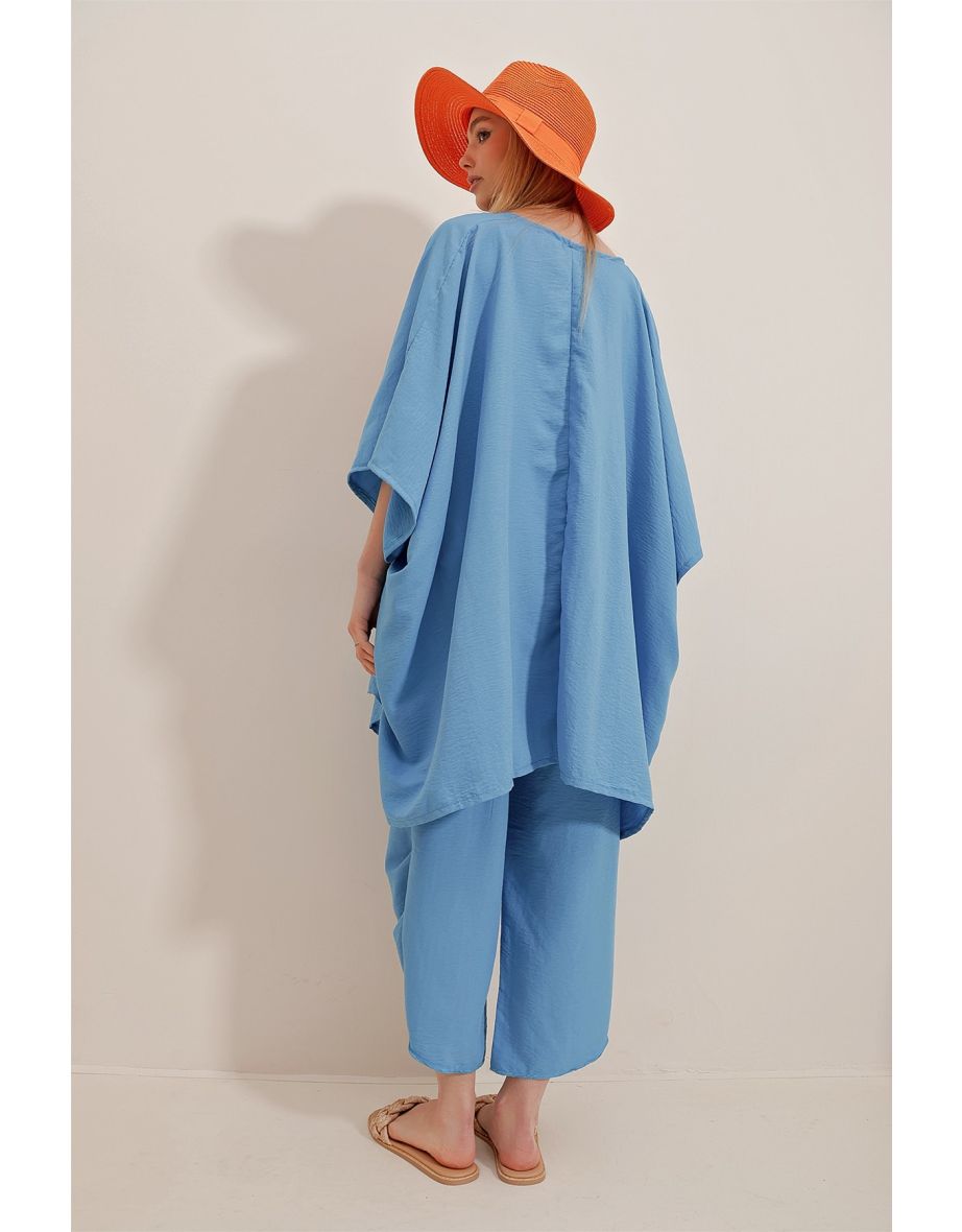 Women's Aviator Blue Trousers And Jacket Double Suit With Slit Legs, Textured - 5