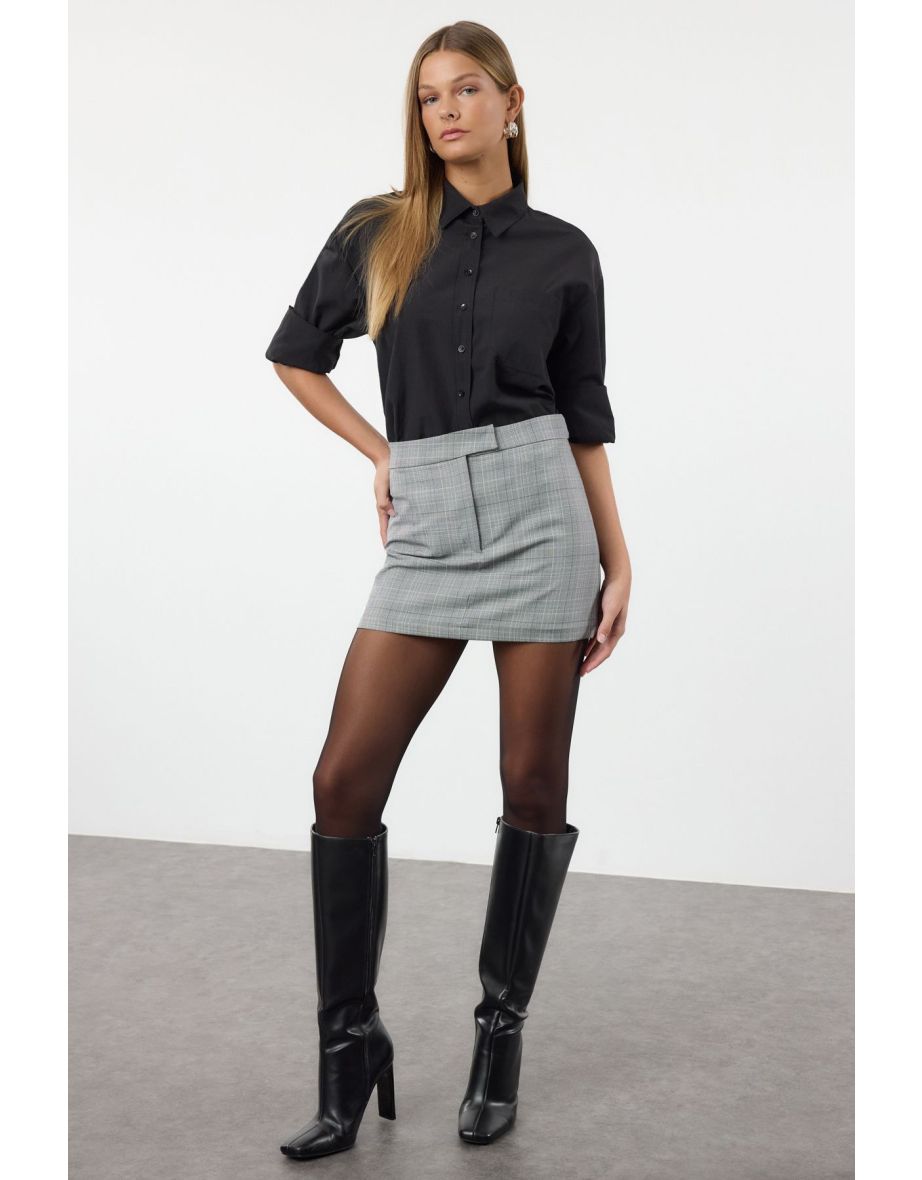 Gray Plaid Mini Woven Skirt