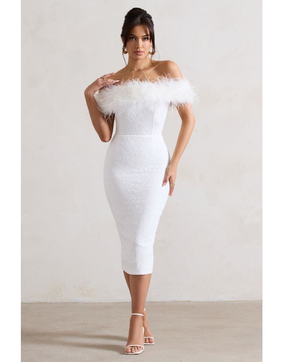 Maiden | White Lace Bardot Midi Dress With Feather Trim