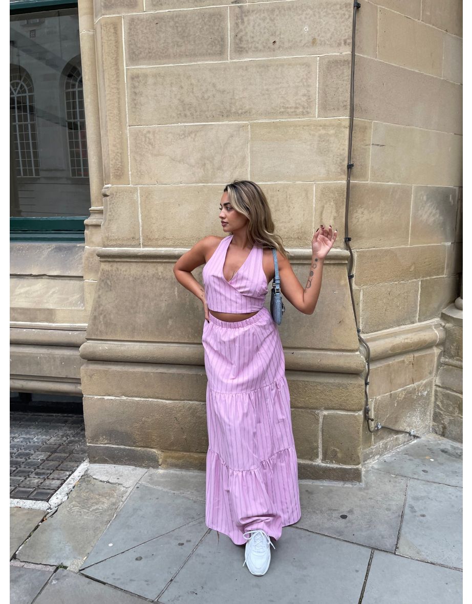 Shop Pink Vertical Stripe Tiered Maxi Skirt Online in Qatar VogaCloset