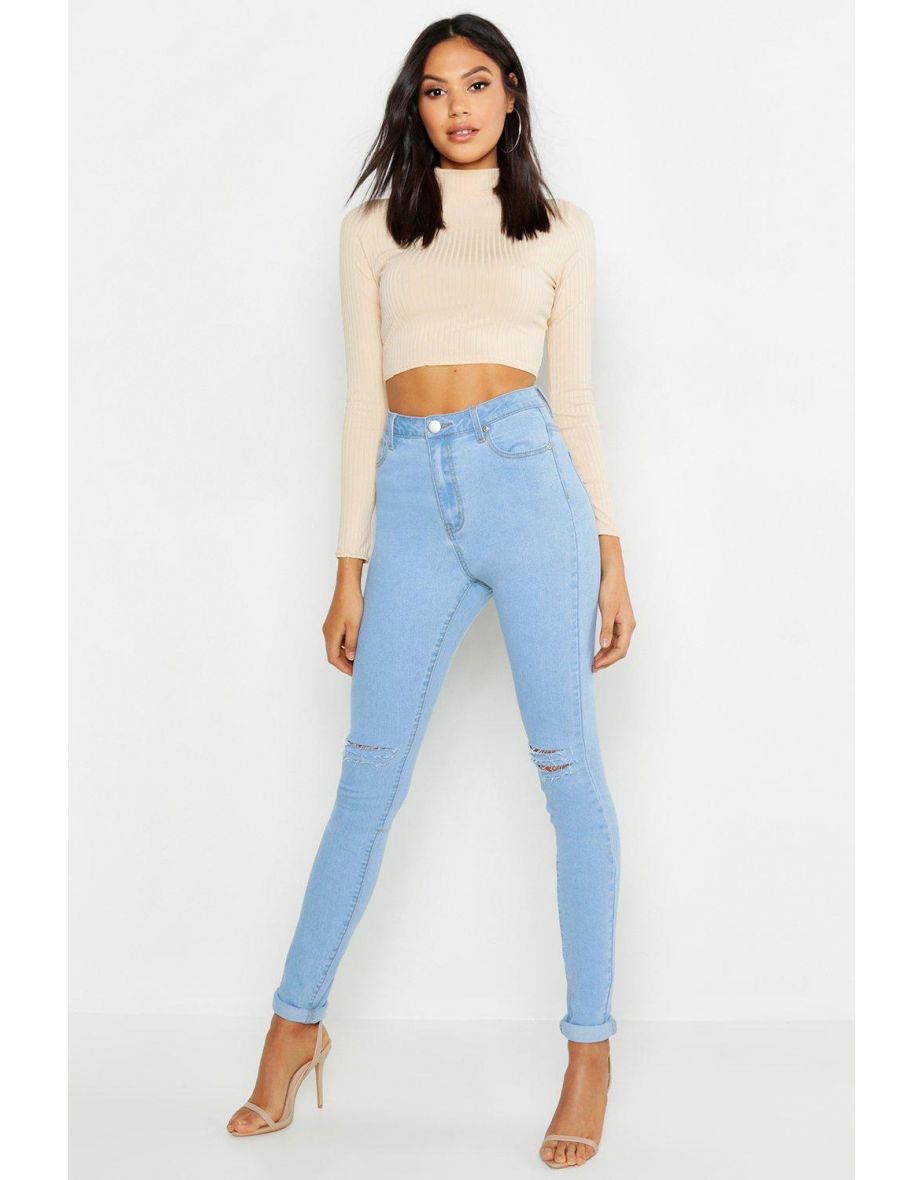 Tall High Waist Distressed Skinny Jean 35"" Leg - light blue