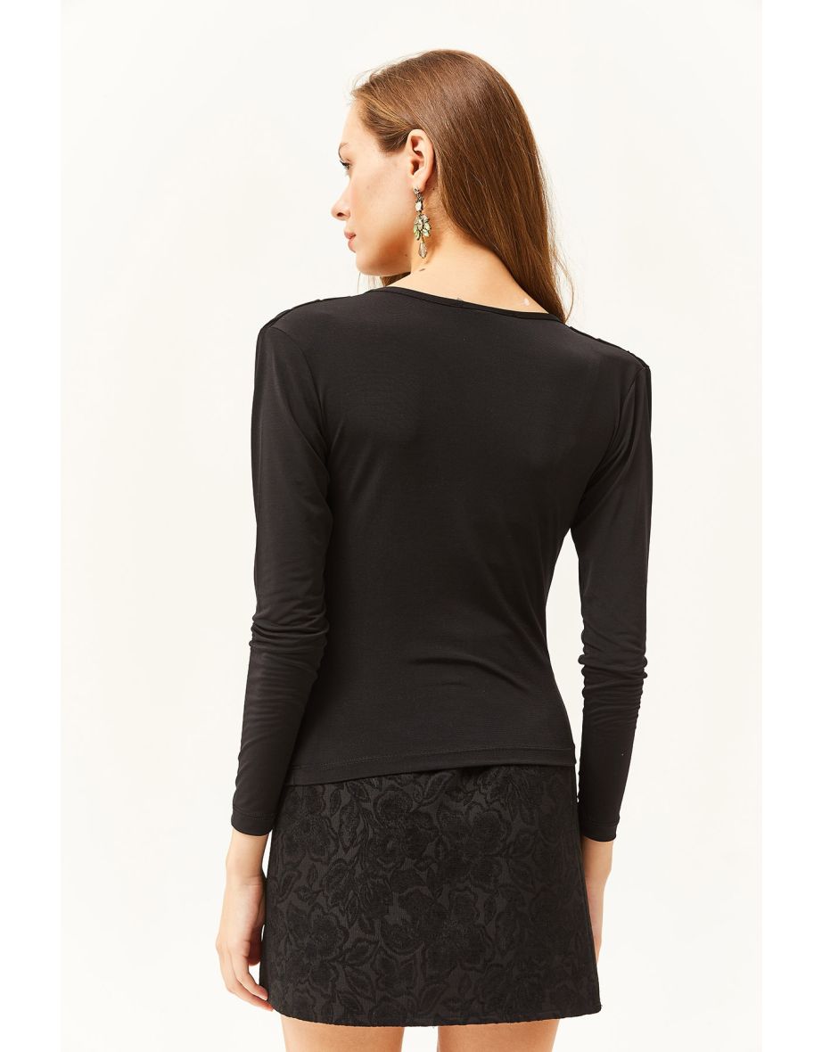 Women's Black Waistband Pleated Roll Up Collar Blous - 4