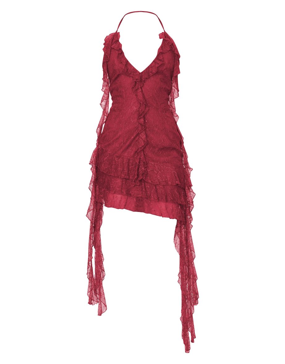 Cherry Red Lace Frill Detail Halterneck Backless Bodycon Dress - 4