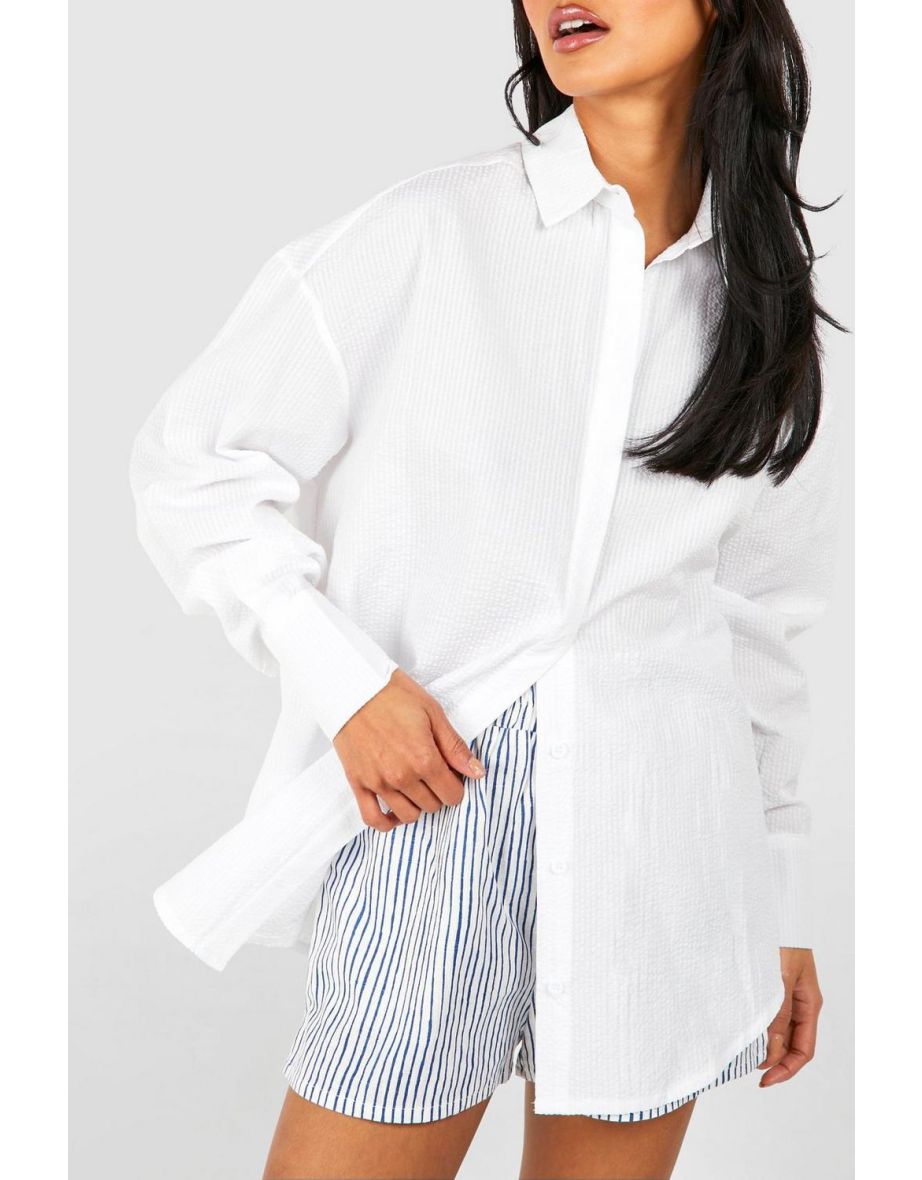 Oversized Striped Seersucker Shirt - white - 3