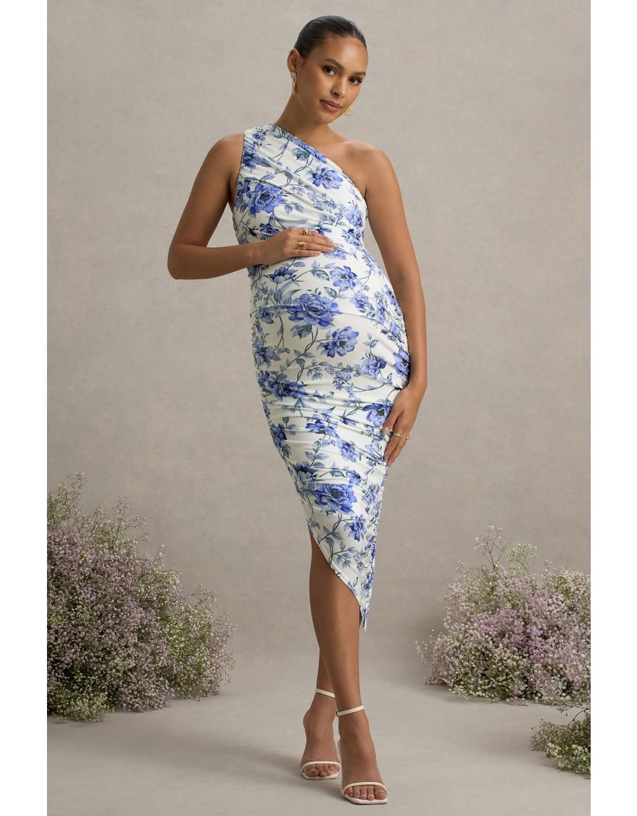 Late Night | Blue Floral Print Maternity Ruched One Shoulder Midi Dress