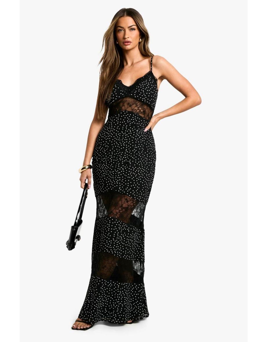 Polka Dot Lace Floor Length Dress - black