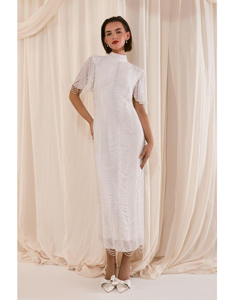 Draped Bearl And Beaded Fringe Angel Sleeve Wedding Dress - 4