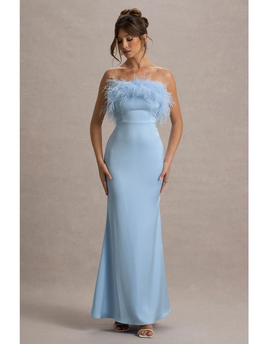 Dress For It | Powder Blue Satin Feather Trim Dress
