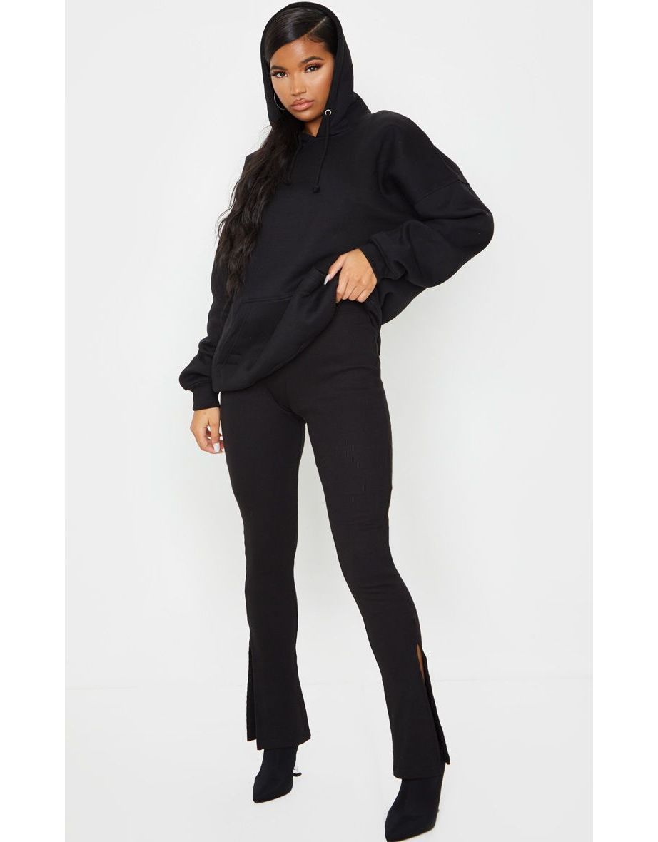 Black High Waisted Textured Rib Split Hem Trousers