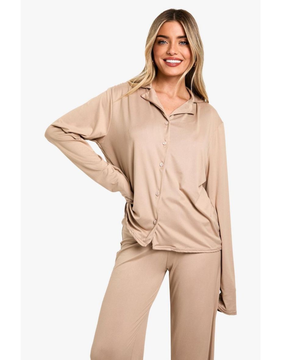 Soft Touch long Sleeve Shirt and Trouser Pyjama Set - taupe - 3