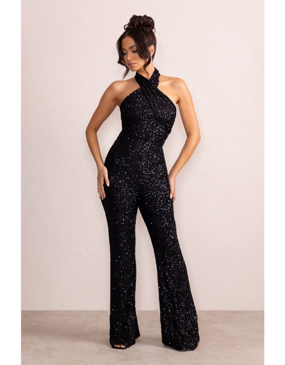 Josie | Black Sequin Halter Neck Flare Jumpsuit - 4