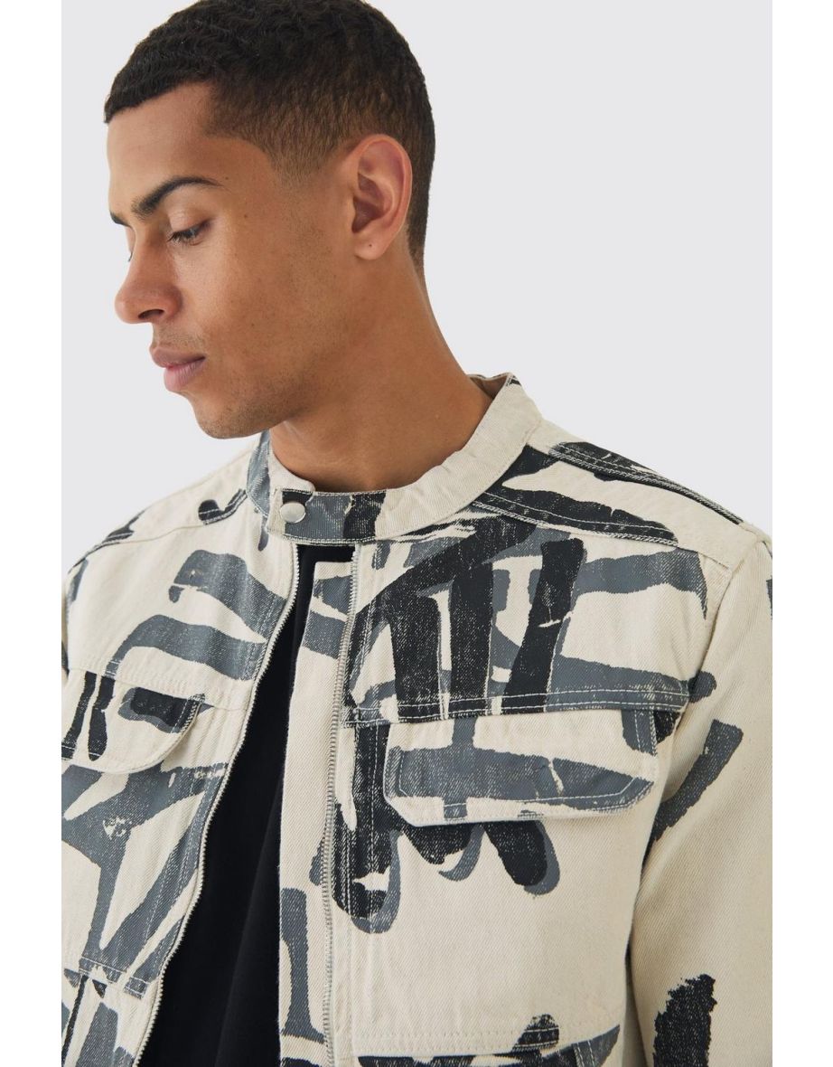 Slim Boxy Denim Graffiti Laser Print Biker Jacket - ecru - 2