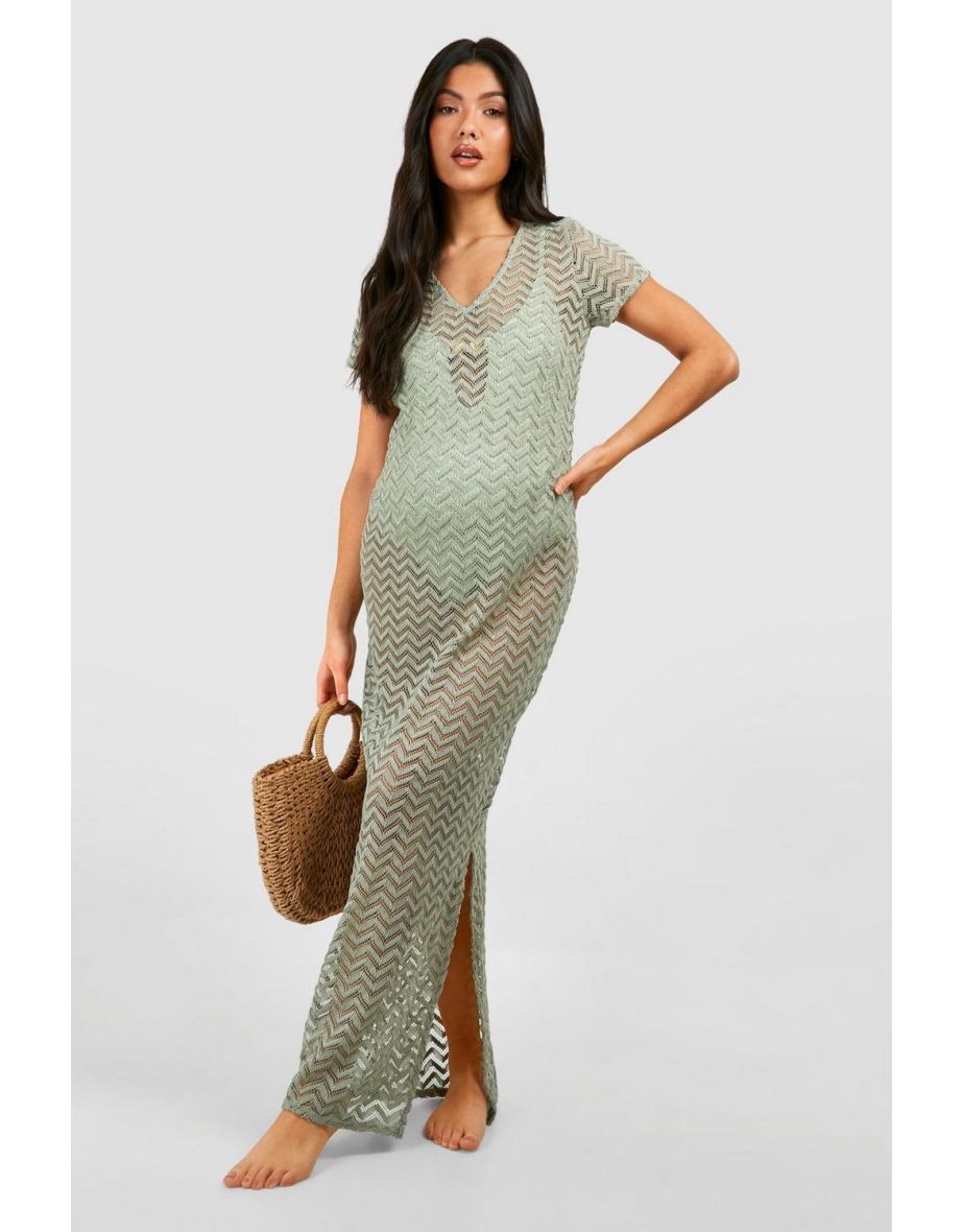 Maternity Crochet V Neck Maxi Beach Dress - light khaki