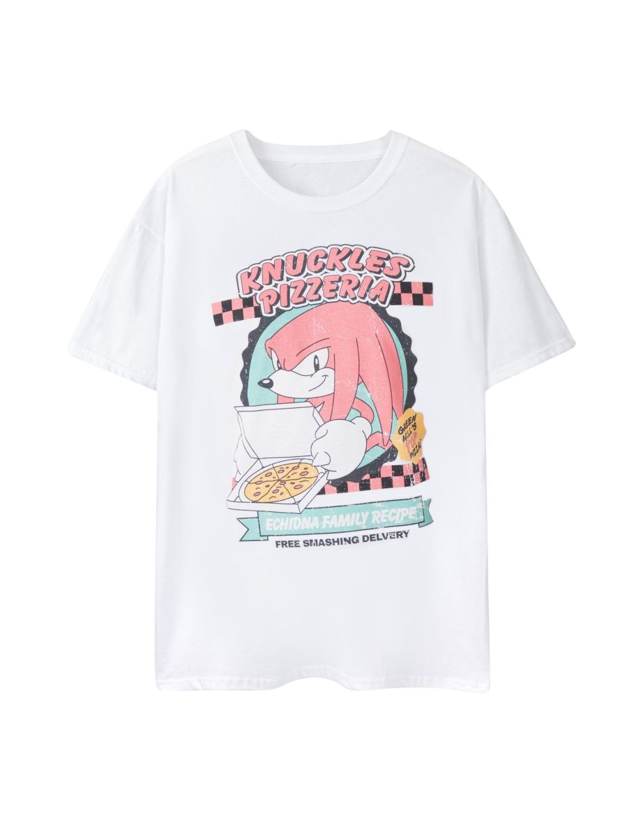 Sonic The Hedgehog Mens Knuckles Pizzeria Short-Sleeved T-Shirt - White