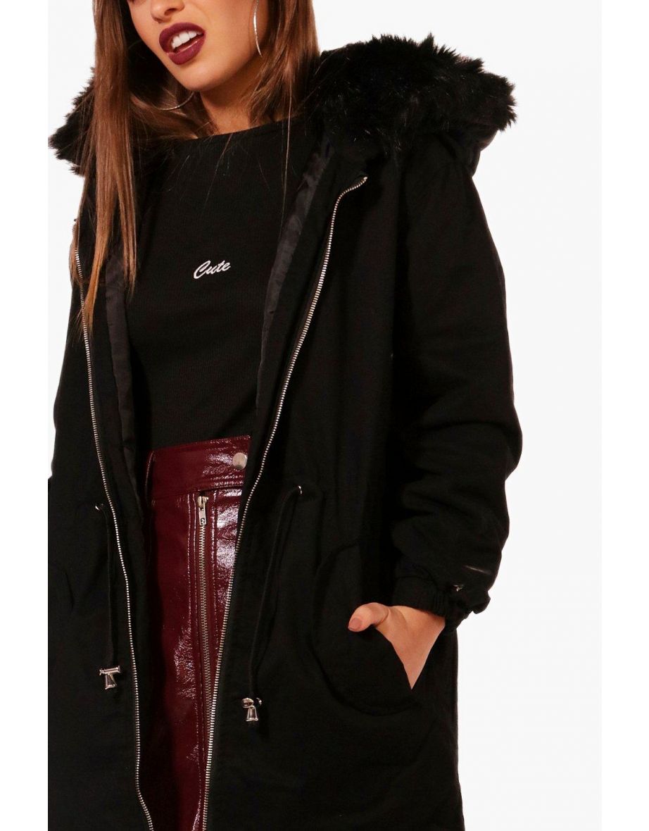 Petite  Faux Fur Hood Parka - black - 3