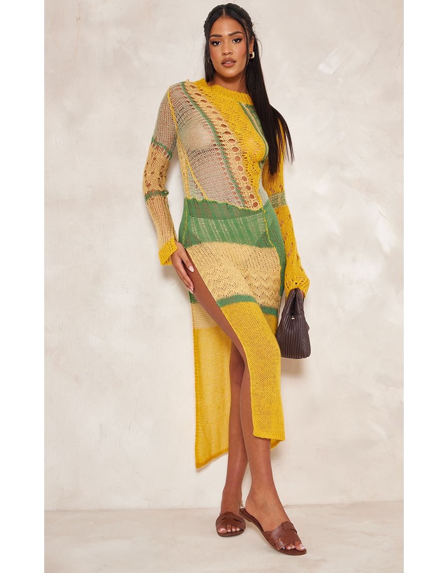 Shop Tall Yellow Open Knit Distressed Maxi Dress With Side Split Online in Bahrain VogaCloset