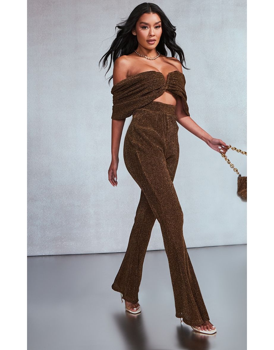 Chocolate Glitter Plisse V Bar Bardot Jumpsuit