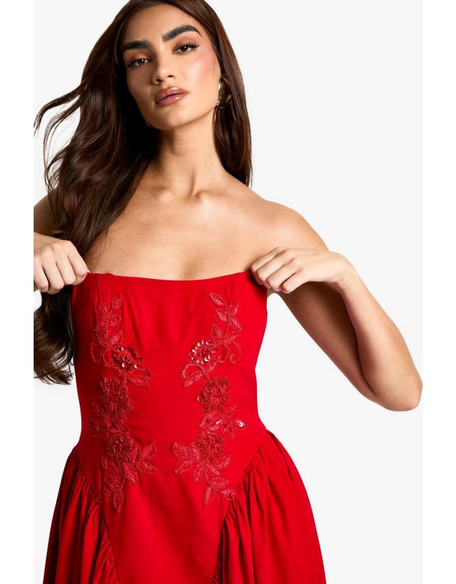 Embellished Woven Crepe Midaxi Skater Dress - red - 3