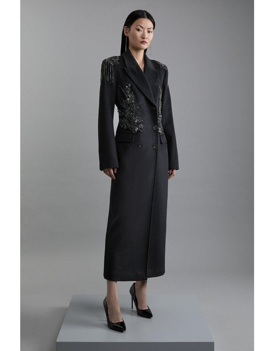 Petite Wool Blend Crystal Embellished Double Breasted Tailored Maxi Coat