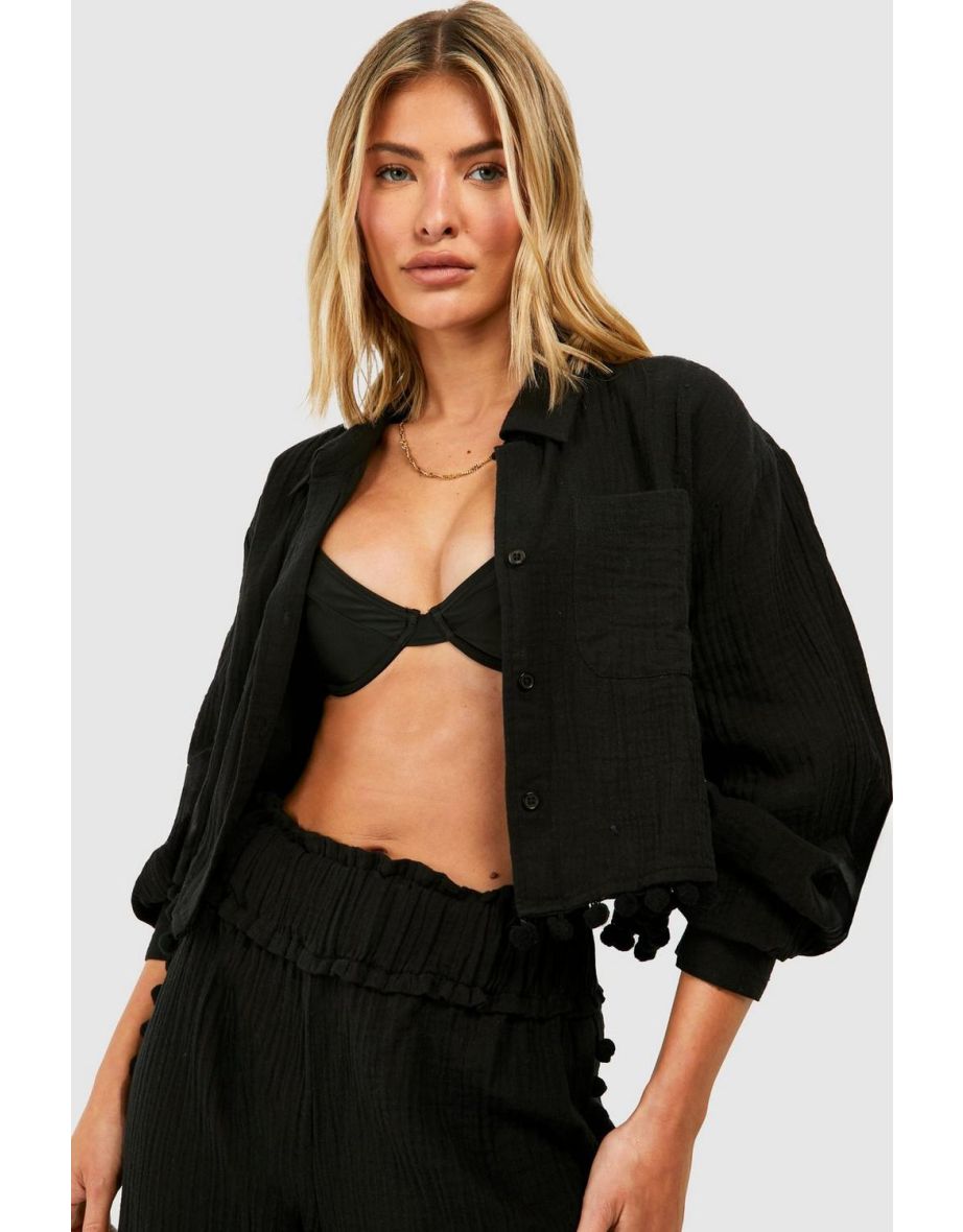 Beach Pom Pom Trim Shirt - black - 3