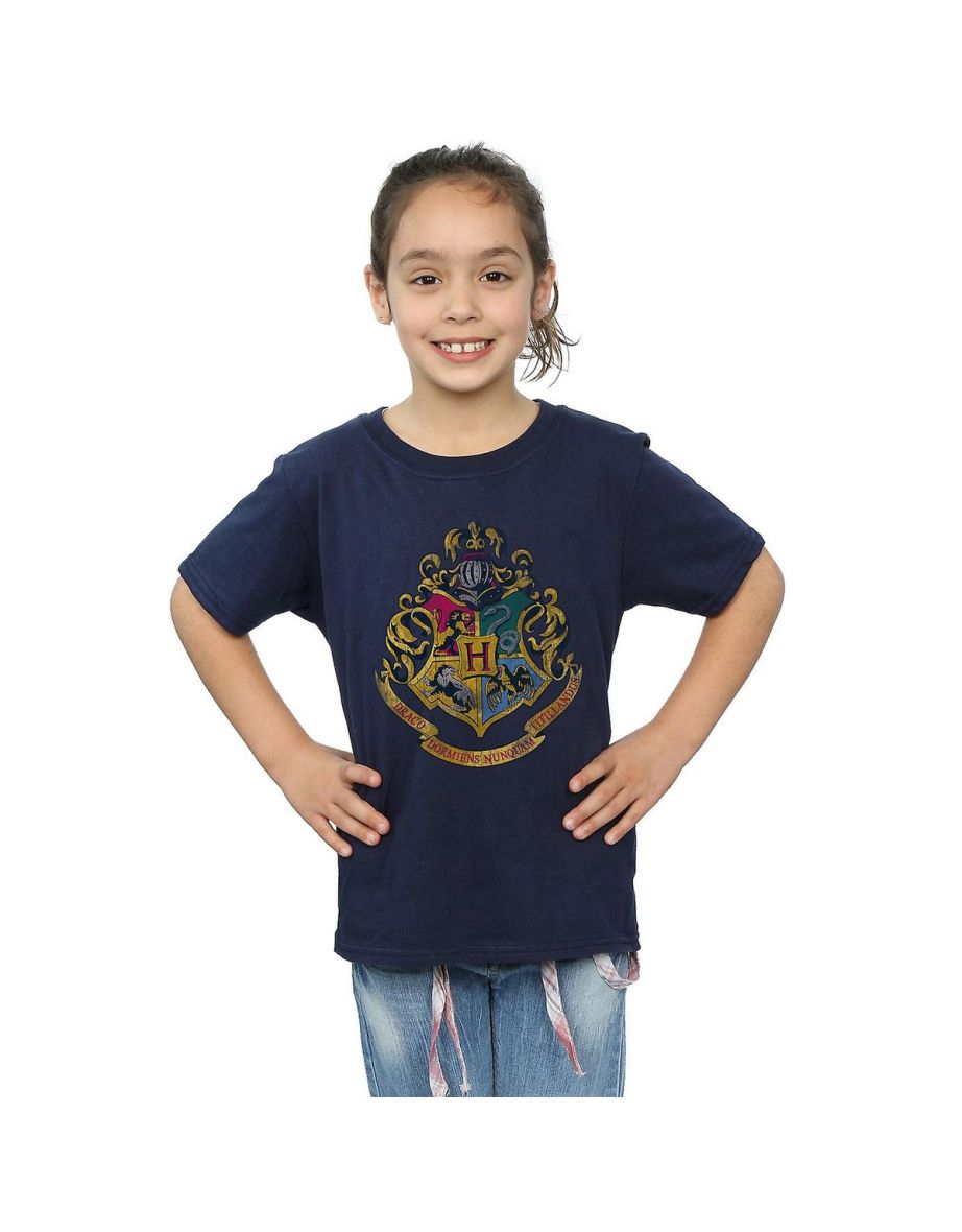 Harry Potter Girls Hogwarts Crest Cotton T-Shirt - Navy Blue