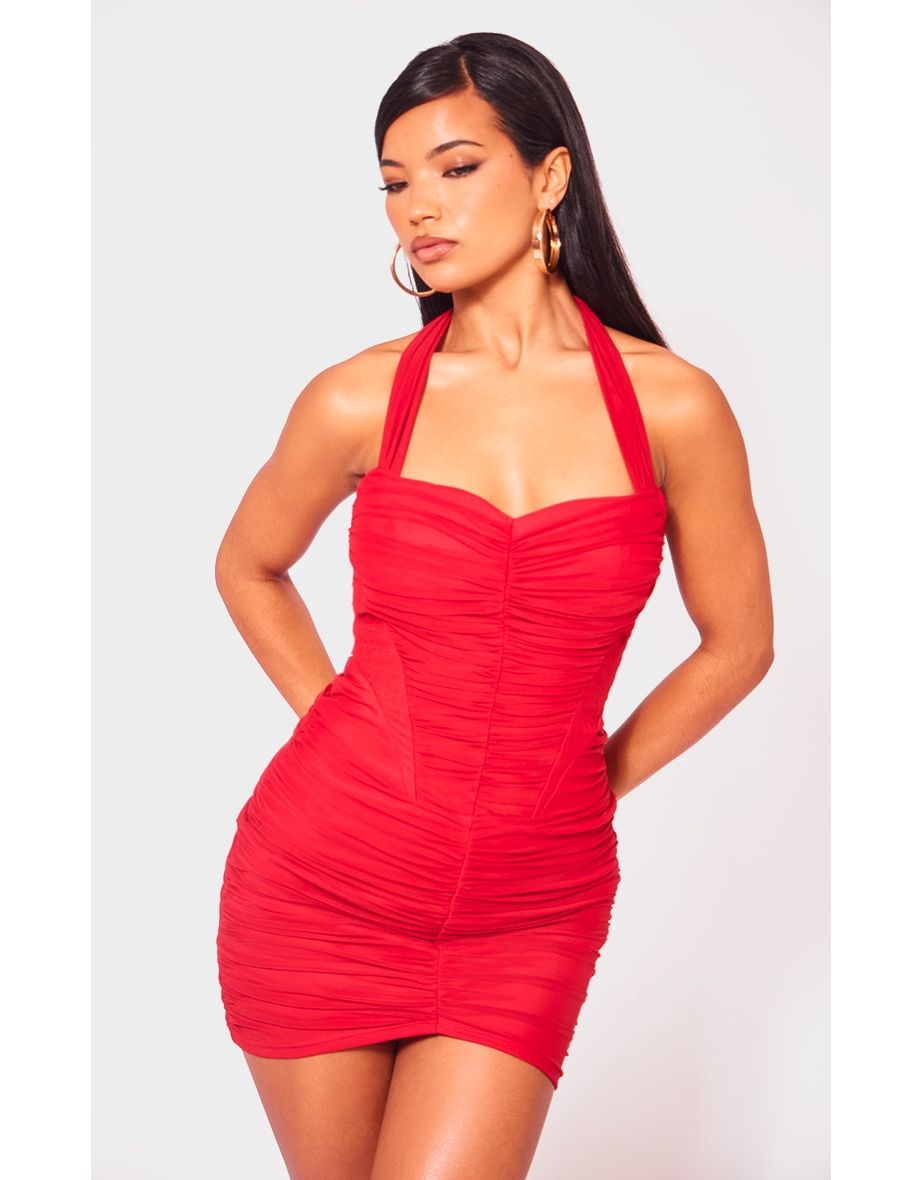Cherry Red Mesh Ruched Strappy Bodycon Dress