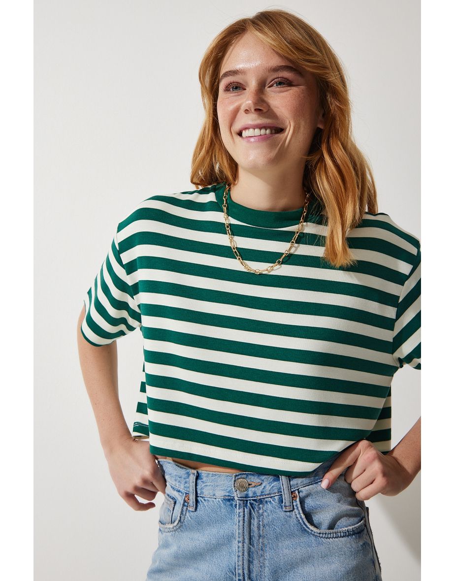 Shop Women s Dark Green Crew Neck Striped Crop Knitted T Shirt Online in Qatar VogaCloset