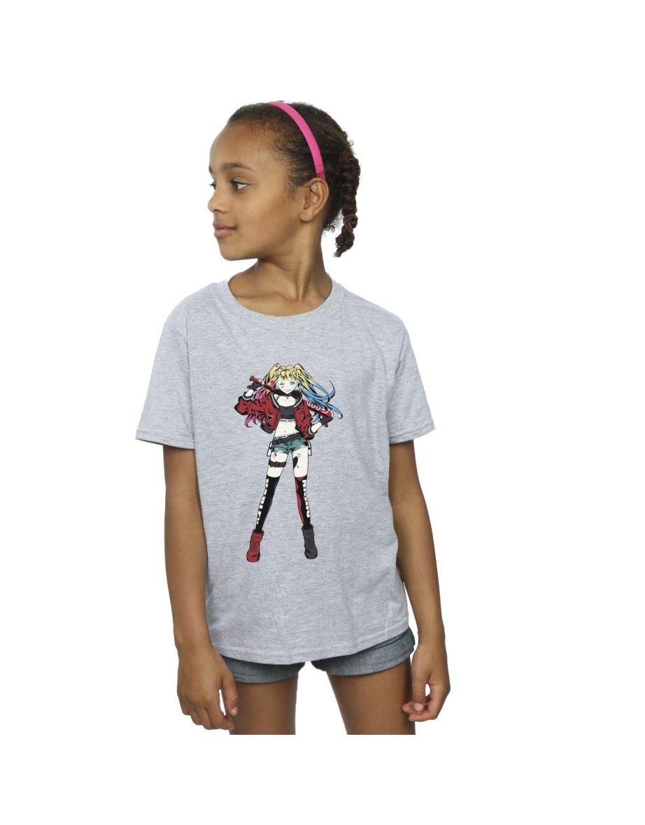 DC Comics Girls Harley Quinn Standing Pose Cotton T-Shirt - Sports Grey