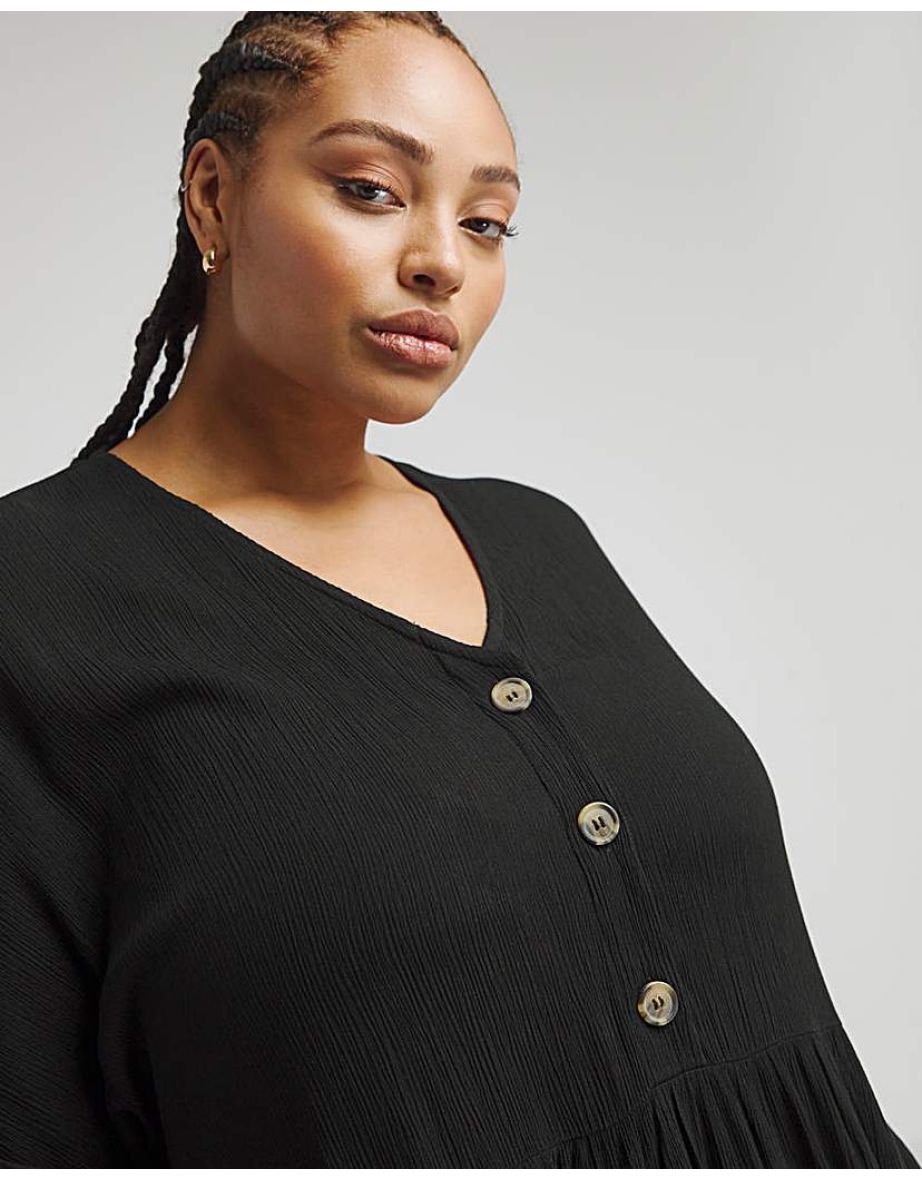 Black Crinkle Button Through Smock Dress - 3