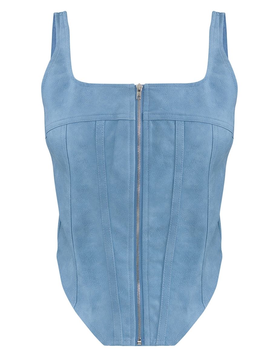 Petite Washed Blue Faux Leather Zip Up Corset Top - 4