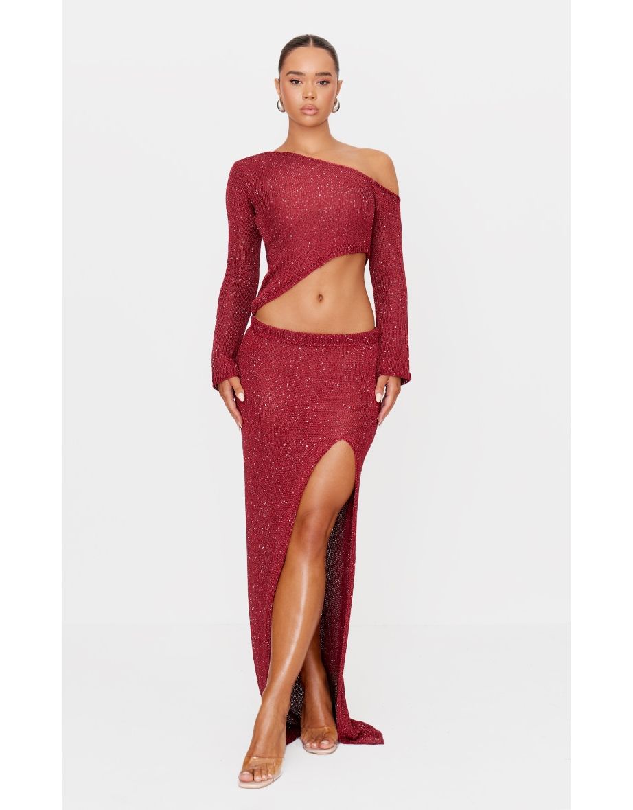 Wine Sequin Knit Side Split Maxi Skirt